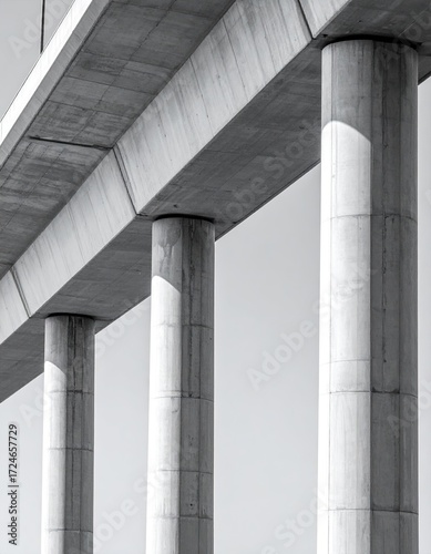 Monochrome close-up of a highway overpass, showcasing its concrete structure, pillars, and beams against a light sky