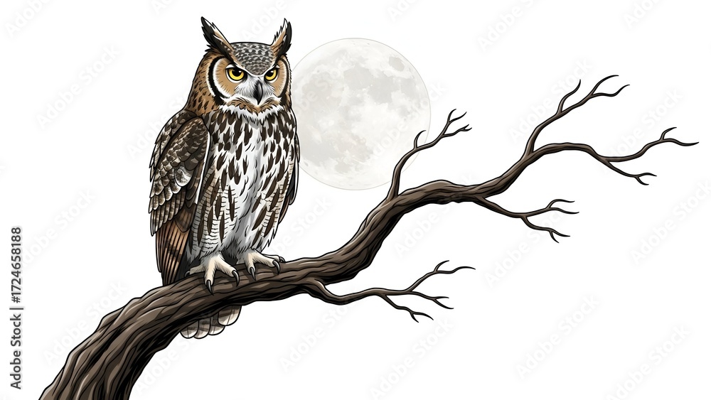 Obraz premium Owl perched on crooked tree branch with full moon illustration. Isolated clear white background, perfect for wildlife and nocturnal themes