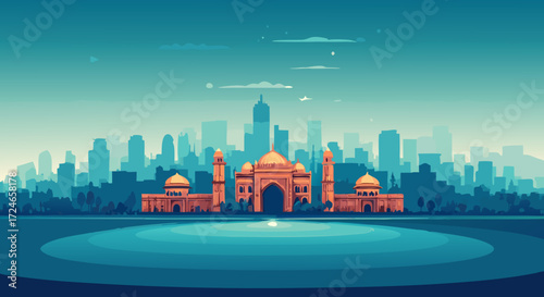 Urban Oasis: A stunning illustration of an iconic building, bathed in the serene glow of a calm afternoon, juxtaposed against the dynamic silhouette of a thriving cityscape.