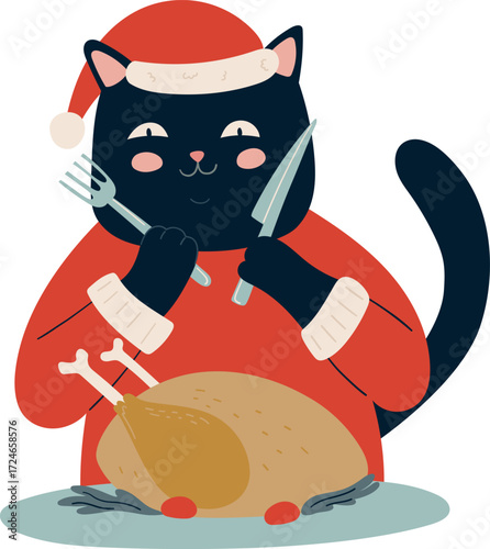 Black cat in Santa hat with turkey and cutlery