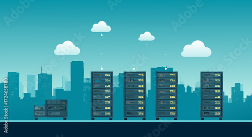 Cloud-Based Data Center: An illustration of data servers seamlessly connected with clouds, a symbol of interconnectedness and technological advancement.