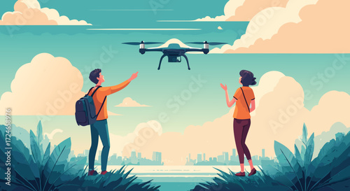 Drone Flight Adventure: A couple watches a drone ascend into the sky, symbolizing technological advancement and the wonders of flight. The scene is set with a tranquil environment. 