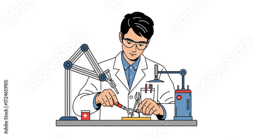 Scientist in a laboratory working on a robotics project. The illustration shows a researcher using a robotic arm to carefully manipulate small tools in a science or engineering setting