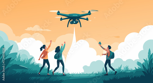 Airborne Adventure: A dynamic scene where three adventurous figures are excitedly interacting with a drone soaring against a backdrop of vibrant skies and nature.