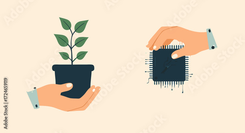 Hands nurturing growth and technology: A split image showing one hand holding a potted plant with green leaves and another hand holding a computer microchip.