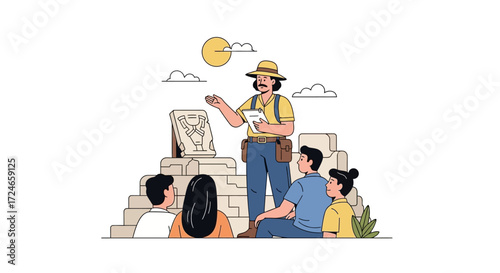 Discovering History A Guide to Ancient Ruins. The tour guide passionately explains the significance of the ancient stone carvings to fascinated tourists