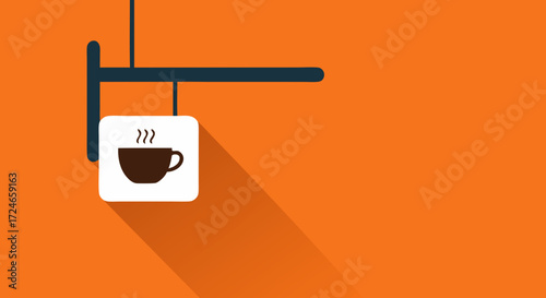Coffee Shop Sign: A modern illustration of a coffee shop sign against a warm, inviting orange backdrop. Simple yet evocative, the image captures the essence of a welcoming cafe.