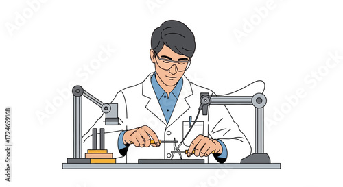 Precision Engineering A skilled technician meticulously assembling components with specialized equipment, embodying expertise and innovation in a controlled laboratory setting