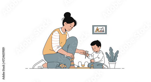 A loving mother and child engaging in playtime activities, creating a sense of bonding and nurturing. Exploring the joy of childhood with developmental toys and building together