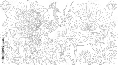 Vector illustration art deco flora and fauna with geometric patterns and stylized natural elements for coloring page
