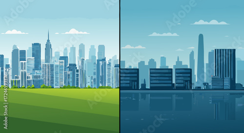 Urban Contrast: A vibrant split view showcasing the contrasting aspects of city life, with a verdant landscape on one side and a reflective urban skyline on the other.