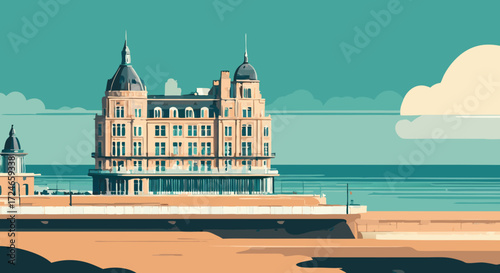 Elegant Building by the Sea: A digitally crafted depiction of an elegant building stands gracefully against a backdrop of sea and sky, reflecting a sense of timeless beauty and architectural finesse.