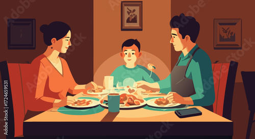 Family Dinner: An illustration depicts a family gathered around a table, sharing a meal together, creating a warm scene of togetherness and connection.