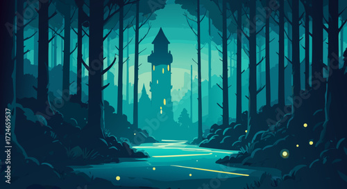 Mystical Forest Tower: A tranquil illustration showcasing a winding river leading to a majestic tower amidst a silent forest. The soft, dim light evokes a sense of peace and serenity.