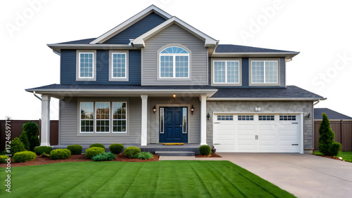 Beautiful two story house with a well maintained lawn.