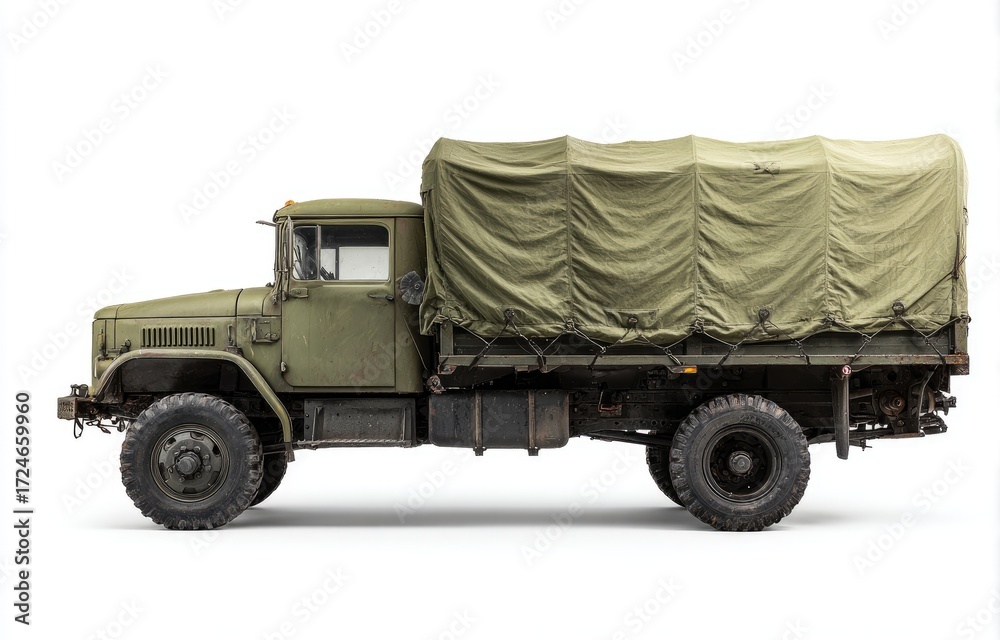 Obraz premium Olive drab military truck, side view