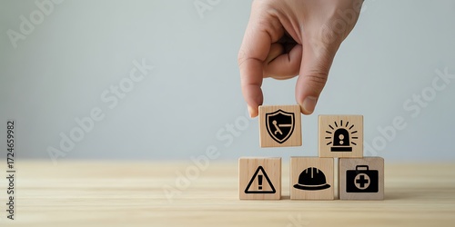 Hand placing wooden block with safety icon on top of other safety icons