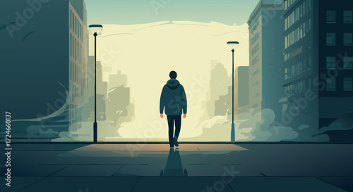 Urban Solitude: A lone figure strides purposefully down a city street, surrounded by towering buildings and a sense of quiet contemplation, symbolizing journeys and the modern human condition.
