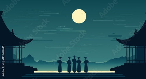 Ancient Silhouette: Five figures in traditional attire, stand in contemplative silence beneath a large, radiant full moon, with traditional buildings creating an atmospheric backdrop.