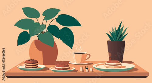 Aesthetic Breakfast Still Life: An inviting still life featuring a stack of pancakes, aromatic coffee, and fresh plants arranged to create a serene and appetizing visual