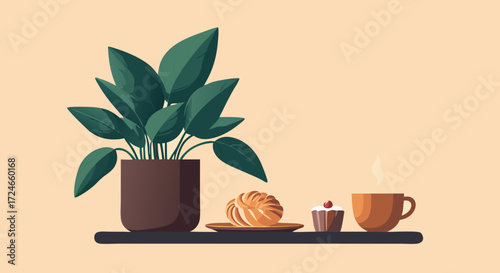 Cozy Coffee Corner: An illustration of a coffee mug and baked goods beside a vibrant potted plant on a shelf, creating a sense of warmth and comfort.
