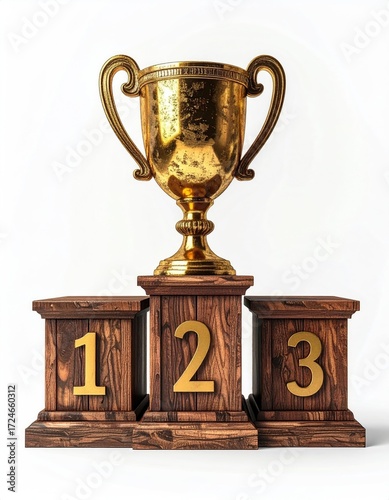 A gold trophy sits atop a three-tiered wooden podium marked 1, 2, and 3 against a white background