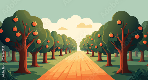 Orchard Path: A vibrant and inviting orchard path leads the eye through rows of meticulously planted fruit trees, heavy with ripe, juicy fruit, bathed in the warm glow of the sun.