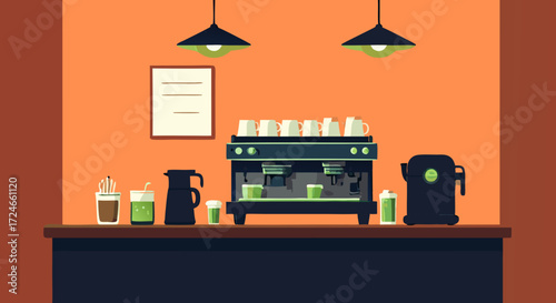 Coffee Shop Interior Illustration: A minimalist coffee shop interior features a sleek coffee machine, neat arrangement, and the warm ambience. Evoking a sense of modern design