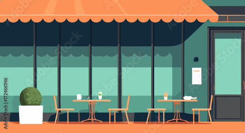 Cafe Shop Serenity: An inviting cafe setting features a serene outdoor seating arrangement with tables and chairs under a stylish awning, perfect for a relaxing break.