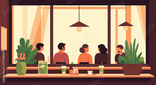 Cafe gathering scene: A relaxed gathering of people in cafe with minimalist art style, showing their gathering and drinking beverages. The composition is filled with warm lighting.