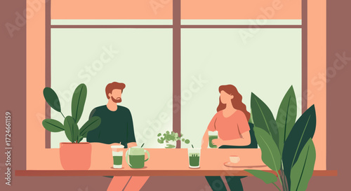 Quiet cafe: A cozy scene of relaxed connection in a quiet cafe setting, depicted in a simple and minimalist style. A couple sitting by the window with beverages.