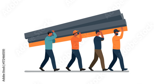 Team of Workers Carrying Building Materials: A group of diligent construction workers collaborate to carry long, heavy building materials, working together in harmony on a new construction project.