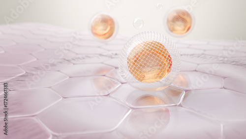 Tableau sur toile Encapsulated gold serum molecule releasing active for brightening skin 3D render