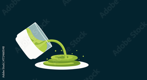 Spilled Green Liquid: An artistic illustration depicts a clear glass cup tipping, spilling a vibrant green liquid onto a clean white plate.