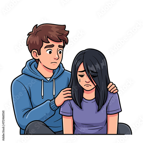 Kind Man Comforting Sad Woman with Empathy and Care in Cartoon Illustration