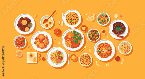 Delicious Culinary Array: A visually stunning overhead shot showcasing a wide selection of prepared dishes, a symphony of colors and tastes arranged appealingly on plates for any occasion.