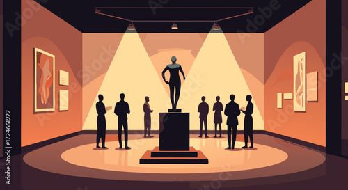 Art Gallery with Visitor Silhouette: A captivating interior showcases an art gallery space filled with figures, a central statue, and spotlights.
