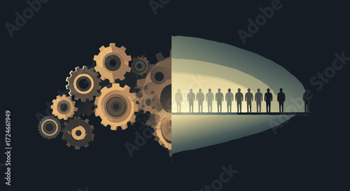 Teamwork and Precision: A stylized illustration showcases a team working towards a common goal, with intricate cogs turning in sync, and the silhouette of a team walking towards a rising arc.