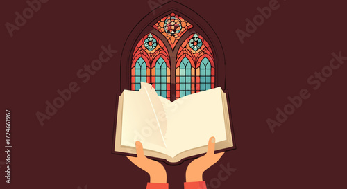Sacred Scripture Reflection: Hands tenderly cradle an open book before a majestic stained-glass window, a beacon of spiritual guidance, inviting contemplation and reverence.