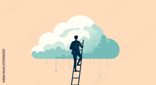Ascent to the Cloud: A determined silhouette of a businessman ascending a ladder towards a digital cloud, symbolizing ambition and innovation, set against a pastel backdrop.