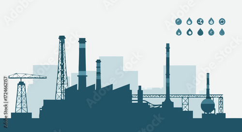 Industrial Skyline: A sleek and modern illustration presents an industrial landscape, showcasing factories and smokestacks against the sky, representing progress and production.