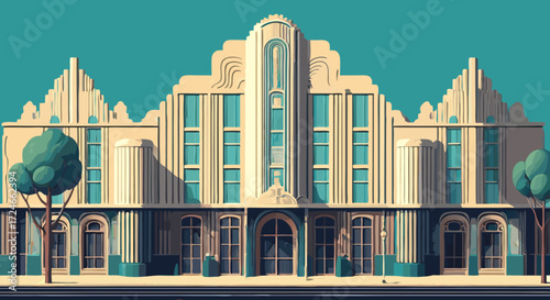 Art Deco Architectural Gem: A captivating architectural illustration of a historic building, showcasing elegant art deco design elements against a striking sky backdrop.