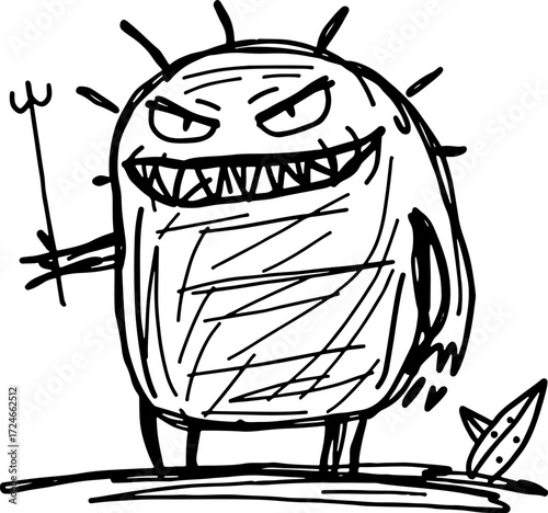 Chunky doodle monster with wide grin, playful cartoon for fun or fantasy concepts