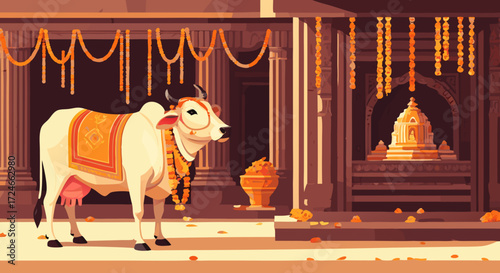 Divine Cow in Sacred Temple: An illustrated representation of a sacred cow adorned with vibrant garlands and a decorated saddle, standing peacefully in front of an intricately detailed temple.