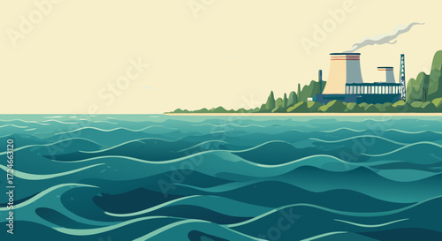 Industrial Landscape by Sea: A scenic view of a factory near sea with smoking chimneys against a pale sky, highlighting industrial presence near natural beauty and the environment.