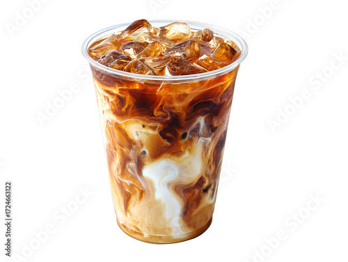 Iced coffee with milk in clear plastic cup, refreshing cold beverage with ice cubes and creamy swirl isolated on white background