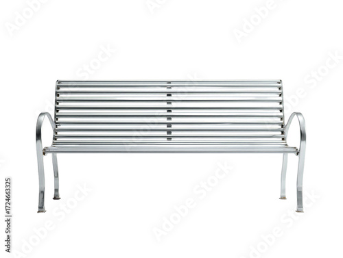 Metal outdoor bench with silver slatted seat and backrest, modern public park seating furniture isolated on white background