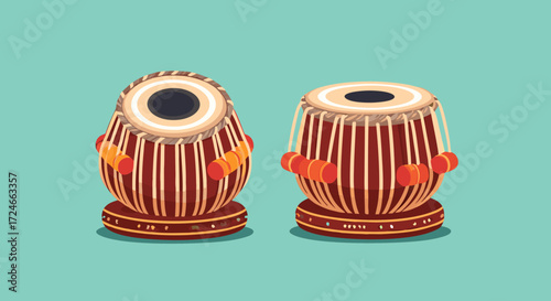 Tabla Drums' Melodic Resonance: A detailed digital illustration showcasing two tabla drums, with meticulous attention to texture and form, set against a clean, minimalist background.