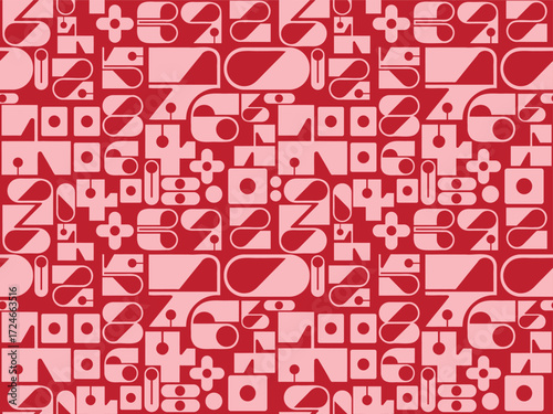 A typography repeat collage design,  red pattern featuring various abstract pink shapes, numbers, and floral designs, showcasing a modern, geometric style.