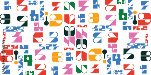 A typography pattern, colorful collage of abstract numbers and shapes in vibrant hues of blue, red, pink, green, and orange on a white background.